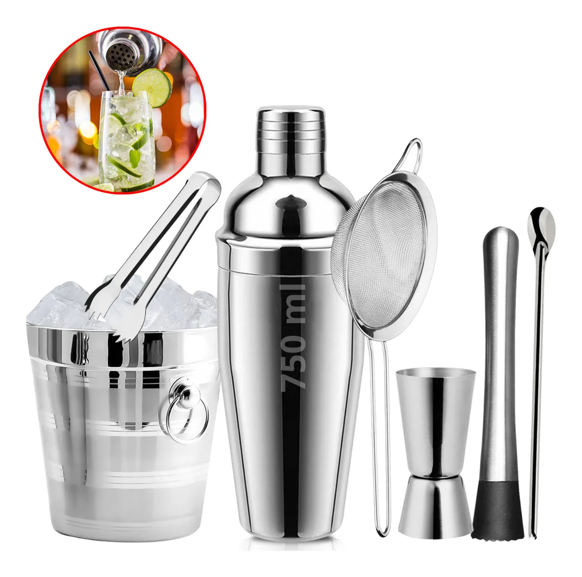 Kit Caipirinha Profissional 7 Peças Inox Coqueteleira 750 Ml